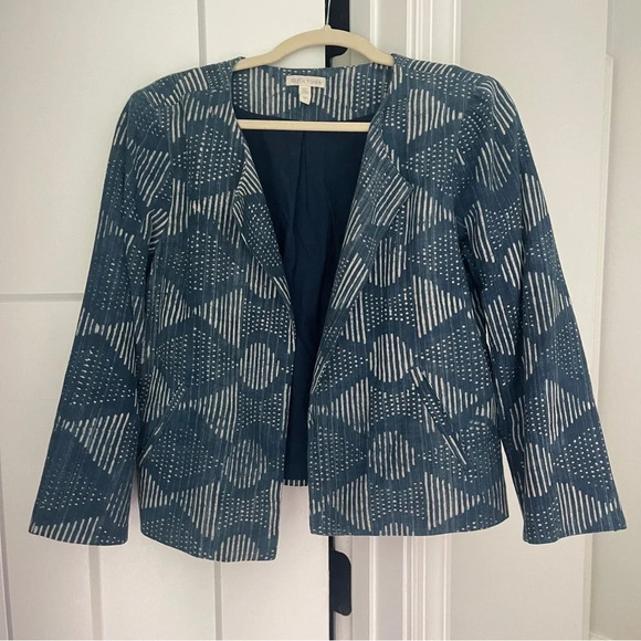 Eileen Fisher Hand-Printed Indigo Organic Cotton Round Neck Jacket Blue - Picture 2 of 6